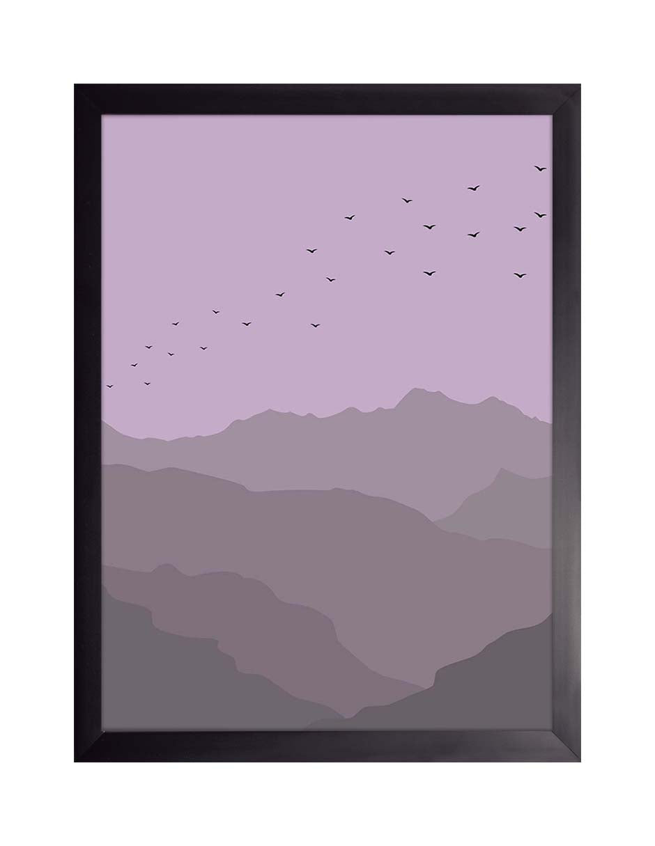 Bandada: montañas en capas malva y gris violeta con muchas aves pequeñas sobre un cielo lila, cuadro con marco negro (PI-007)