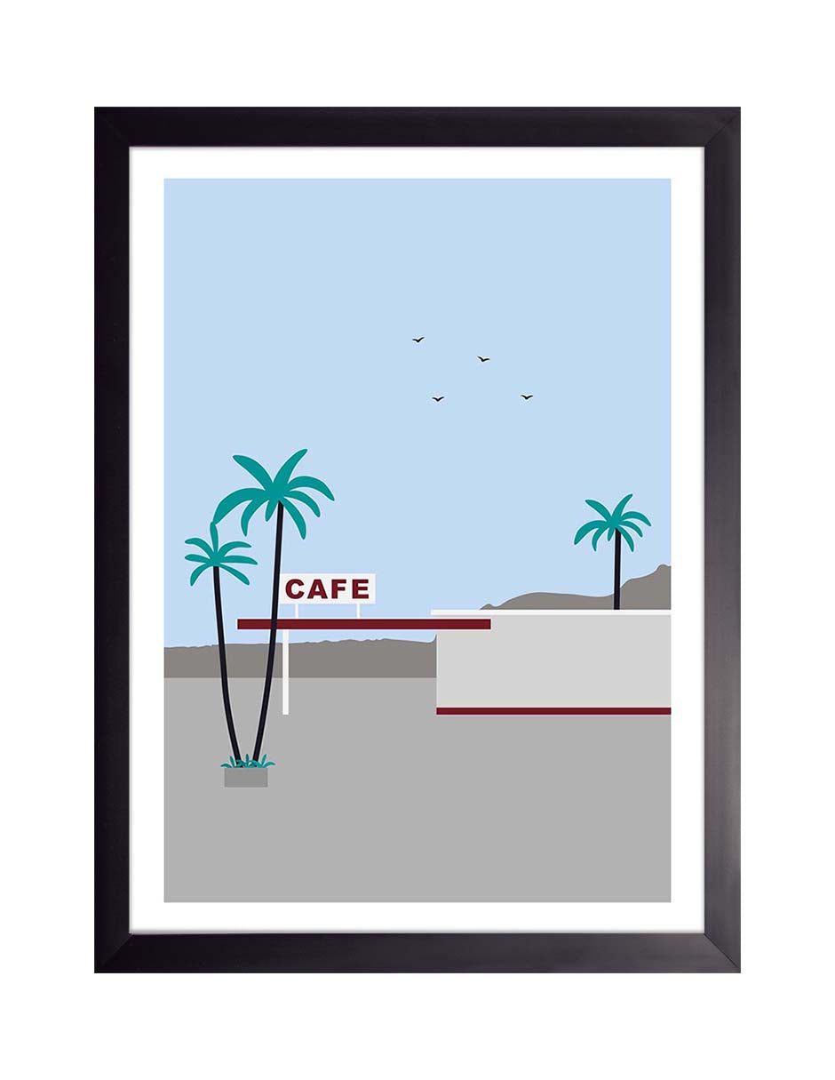Café Palmera: palmeras junto a un café con letrero rojo bajo cielo azul claro con aves, cuadro con marco negro (PI-015)