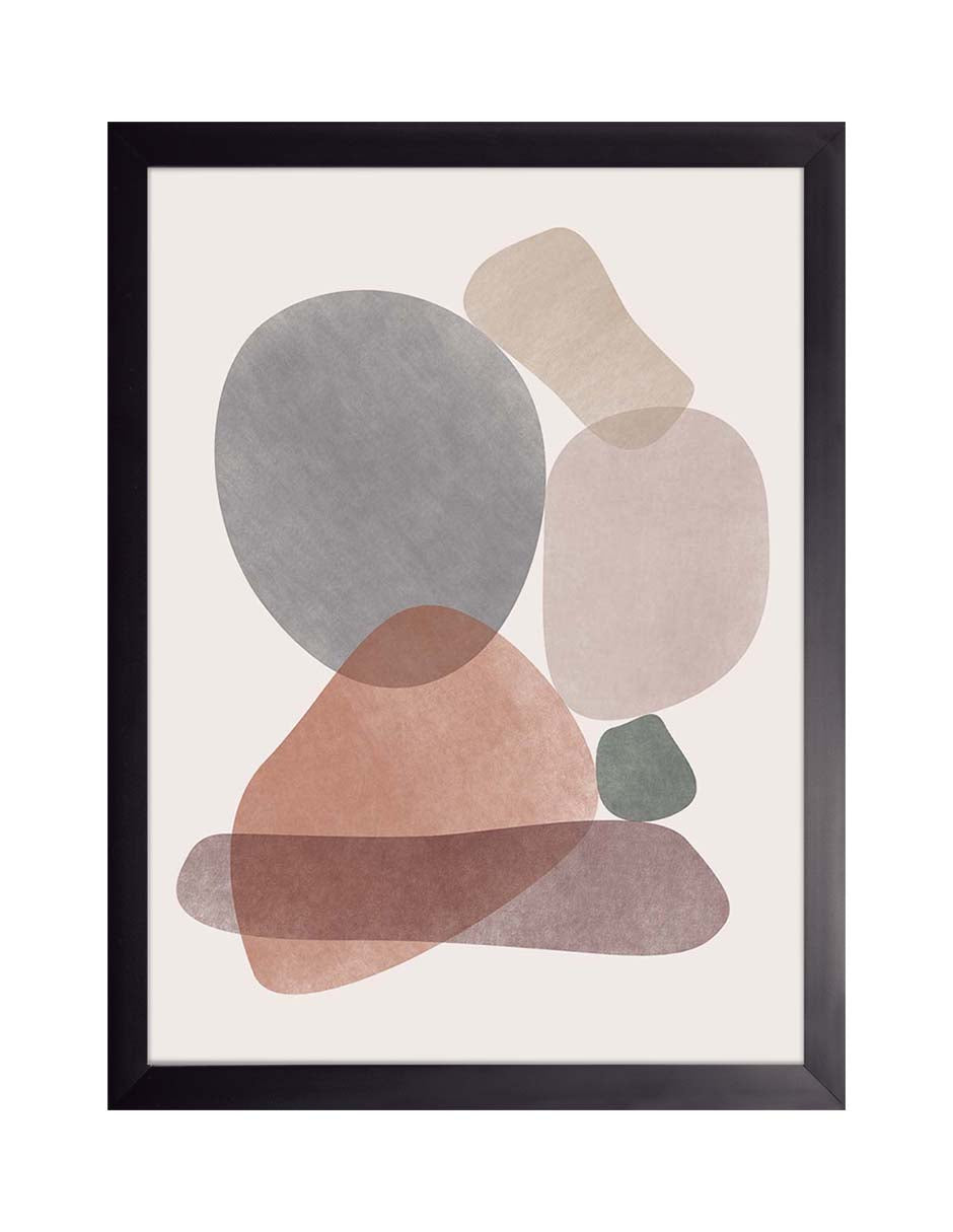 Canto Rodado: piedras translúcidas en gris, rosa y terracota superpuestas sobre fondo crema, cuadro con marco negro (FO-007)