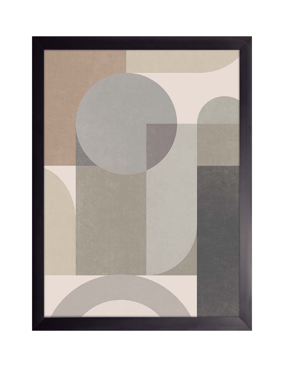 Capas Suaves: capas translúcidas en beige, taupe y gris con un círculo gris, cuadro con marco negro (A-020)