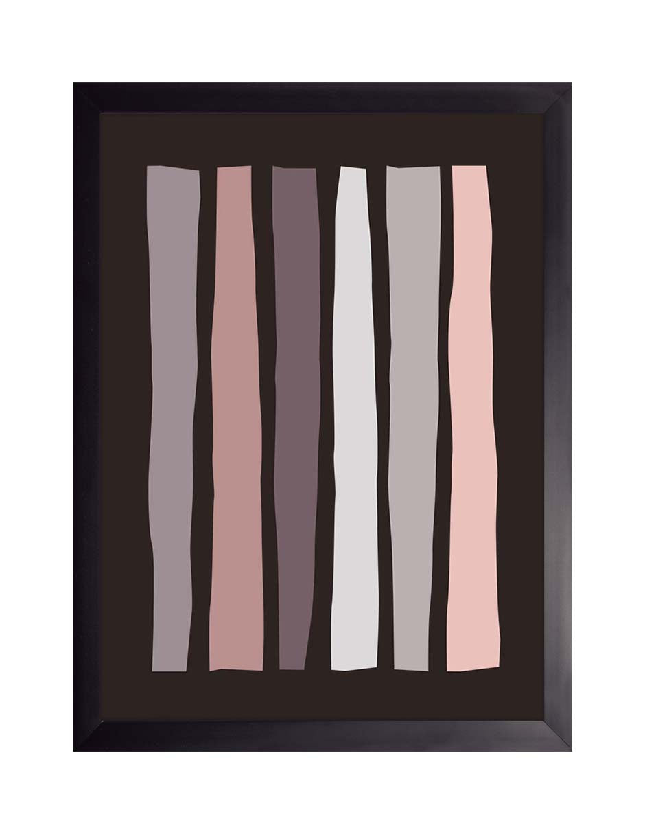 Ciruelo: seis barras verticales irregulares en malva, rosa, ciruela y gris, cuadro con marco negro (PAL-013)