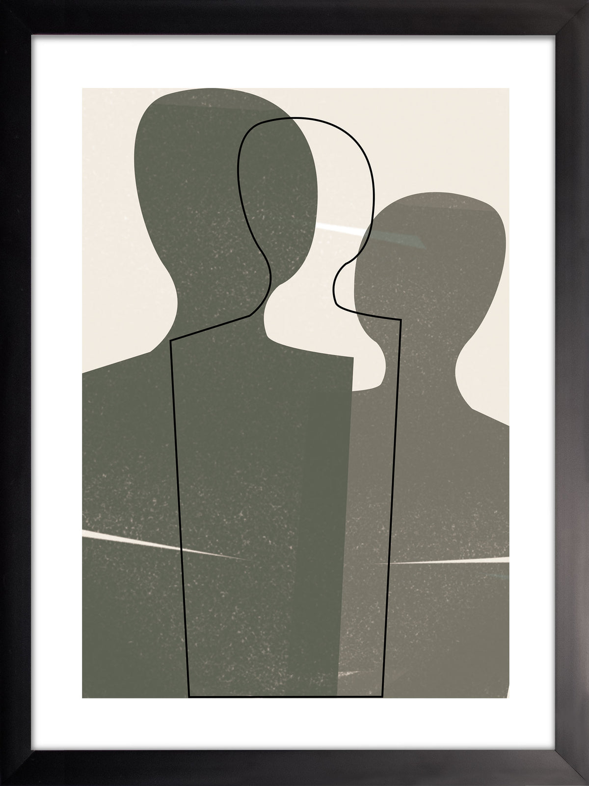 Contornos: dos figuras de silueta en verde oliva y gris con un contorno de línea negra fina, cuadro con marco negro (SA-007)