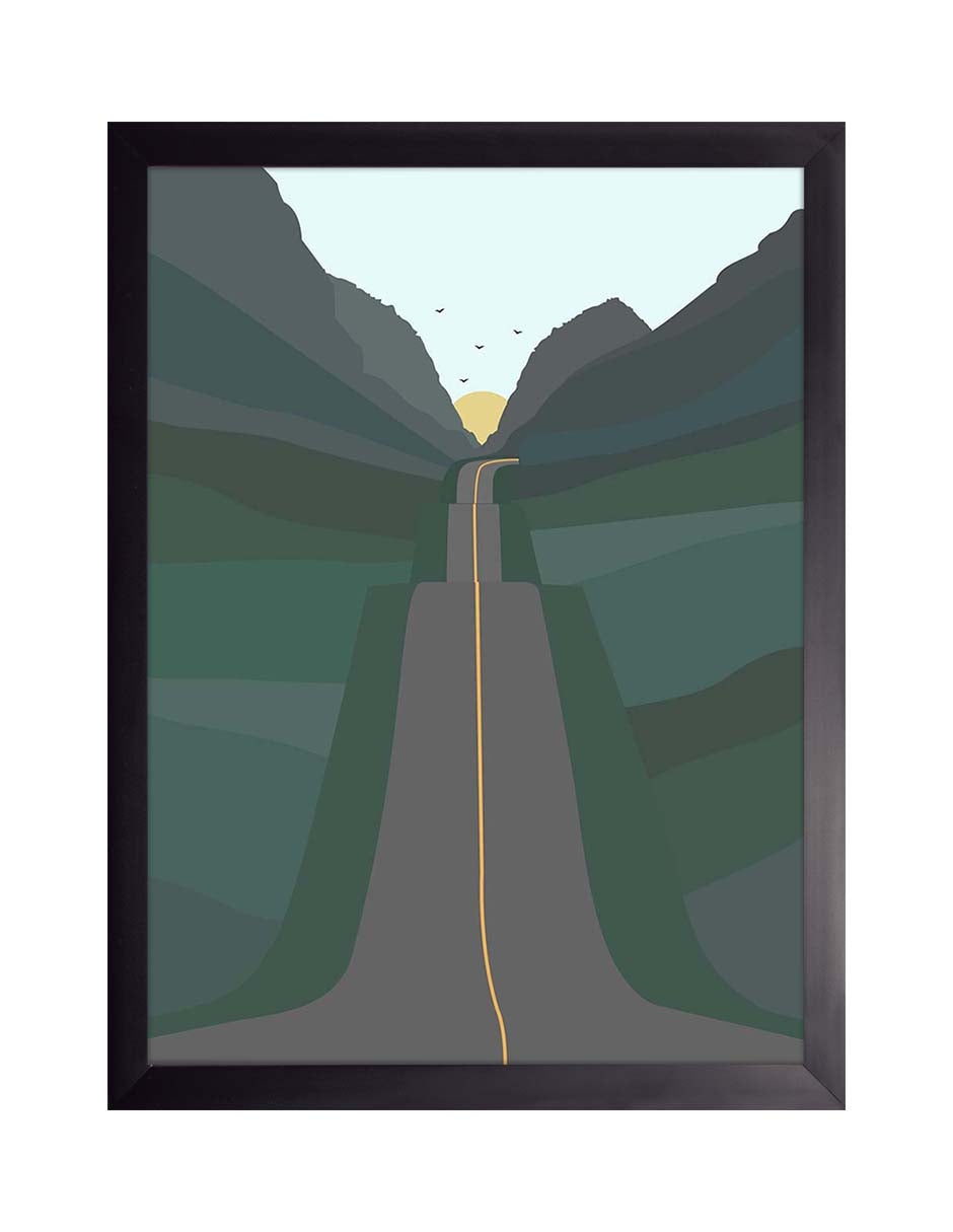 Desfiladero: carretera entre dos montañas verdes y grises hacia un sol pequeño con aves, cuadro con marco negro (PI-021)