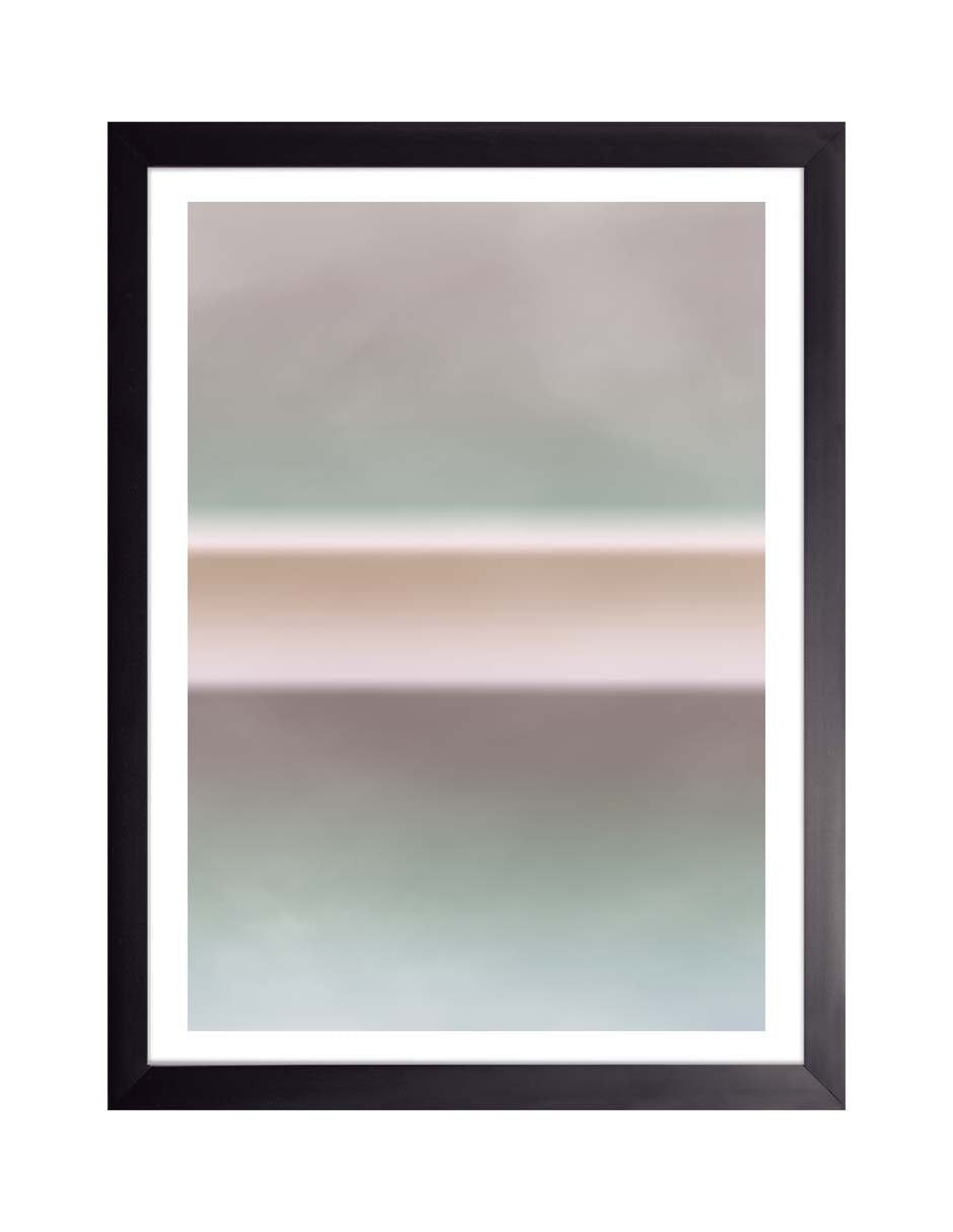 Ensenada: bandas suaves de gris perla, verde pálido, rosa y beige, cuadro con marco negro (DEG-033)