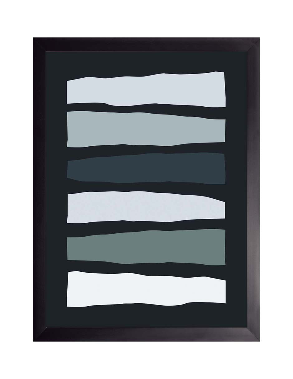Escarcha: seis barras horizontales irregulares en gris, azul y verde grisáceo, cuadro con marco negro (PAL-011)