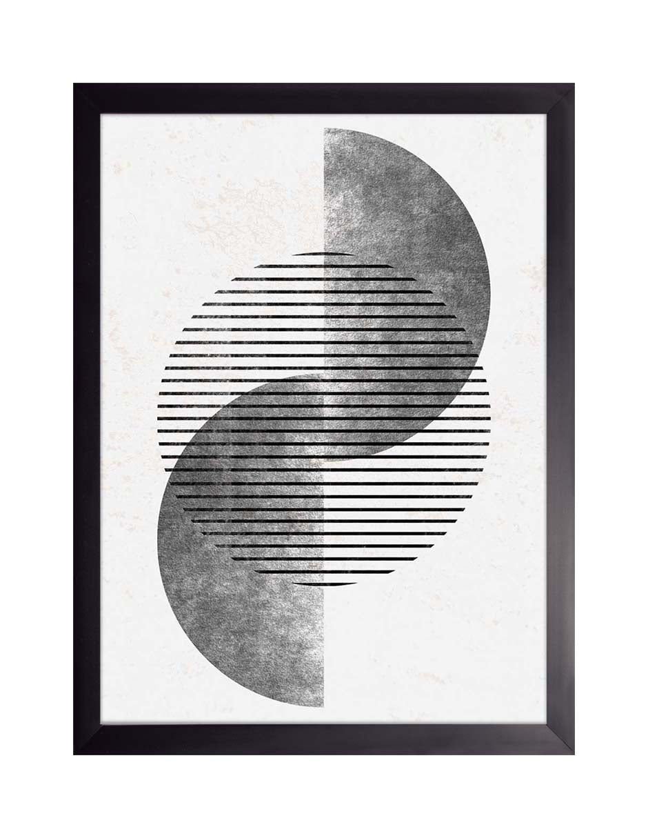 Espejismo Gris: dos semicírculos de textura gris, cuadro con marco negro (JG-025)