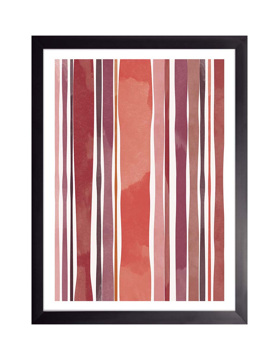 Granada: franjas verticales irregulares en rojo, coral, rosa y vino sobre fondo blanco, cuadro con marco negro (PAL-006)