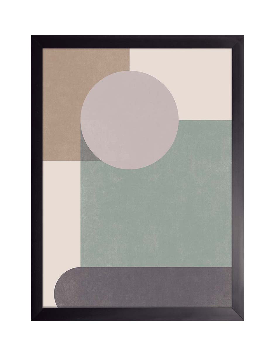 Luna Lila: círculo lila sobre bloques beige, verde salvia y gris, cuadro con marco negro (A-018)