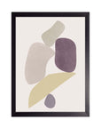 Moras: piedras en ciruela, gris, verde olivo y beige apiladas sobre fondo crema, cuadro con marco negro (FO-011)