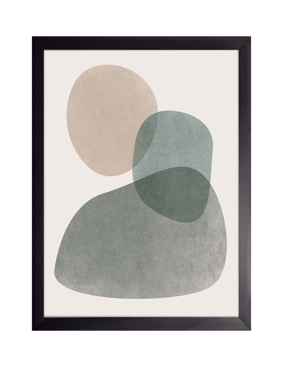 Nenúfares: círculo beige y formas translúcidas verde azulado y gris verdoso, cuadro con marco negro (FO-006)