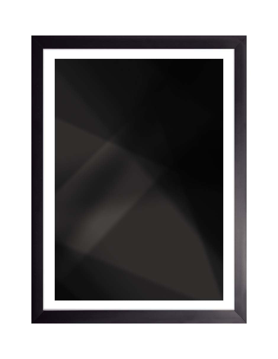 Noche Suave: fondo negro con destellos de luz gris tenue y borde blanco, cuadro con marco negro (ELEG-003)