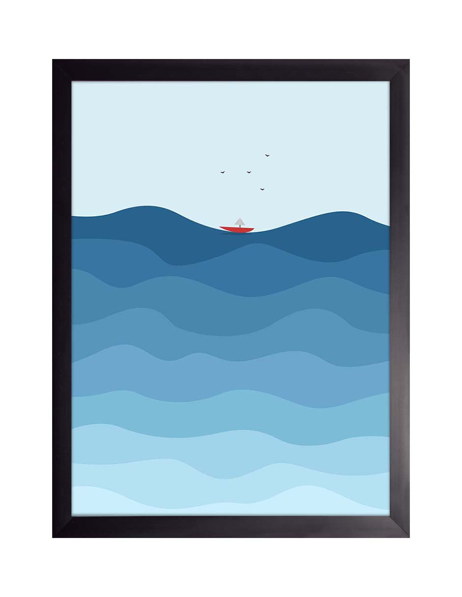 Oleada: olas en capas de azul oscuro a celeste con un bote rojo diminuto y aves, cuadro con marco negro (PI-025)