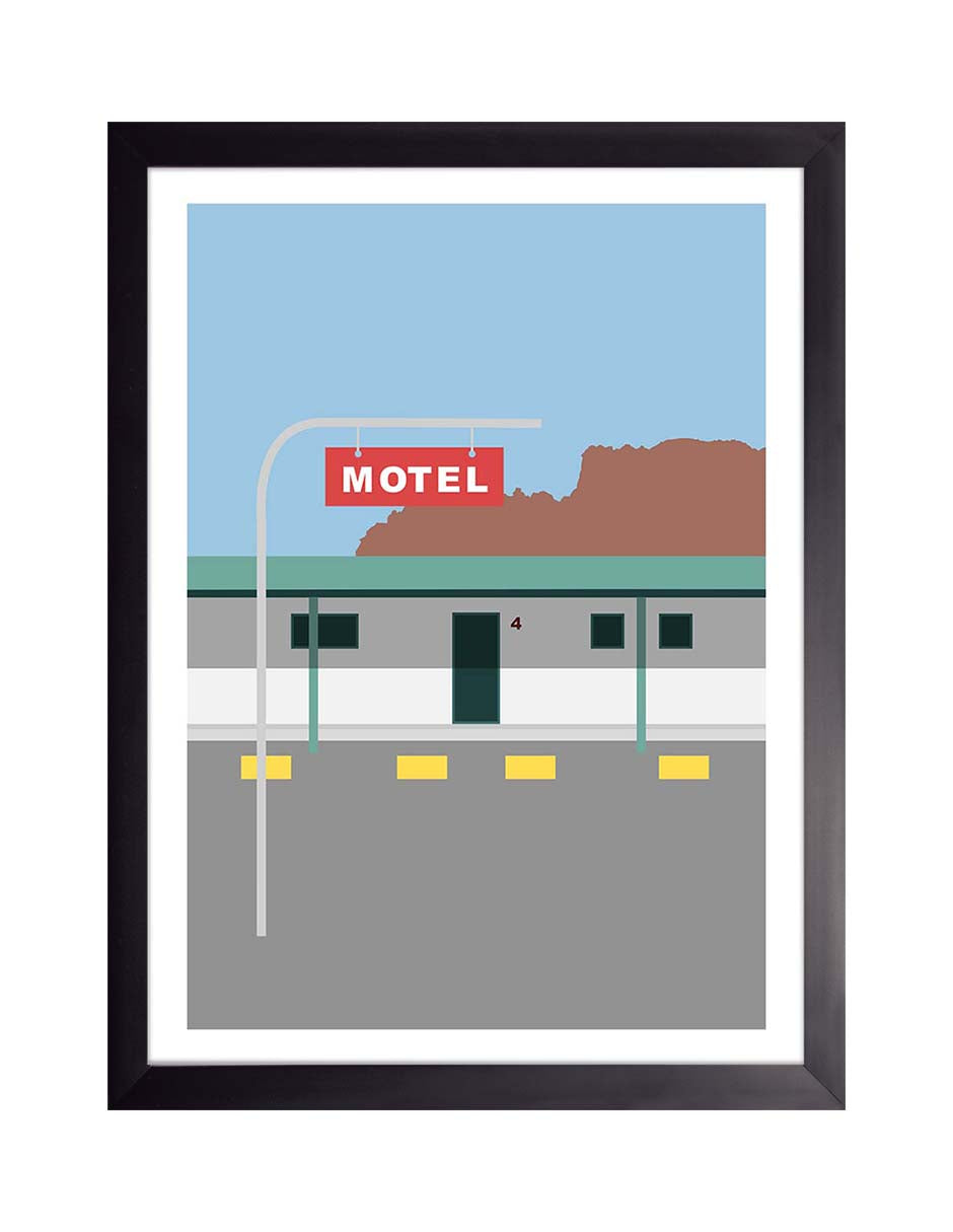 Parador: motel de carretera con letrero rojo, techo verde, estacionamiento gris y una roca, cuadro con marco negro (PI-016)