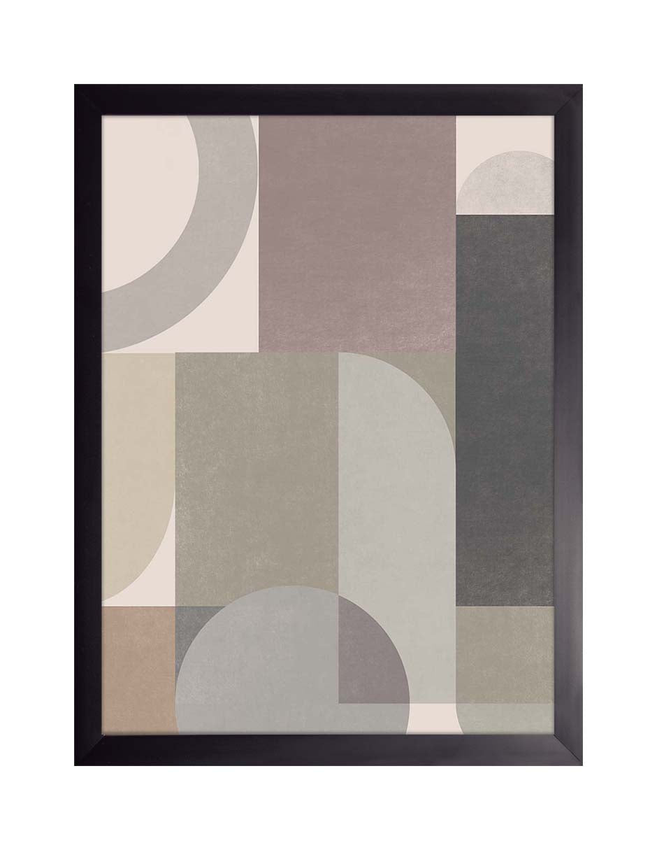 Piedra Suave: rectángulos y arcos en taupe, gris, rosa pálido y carbón, cuadro con marco negro (A-021)