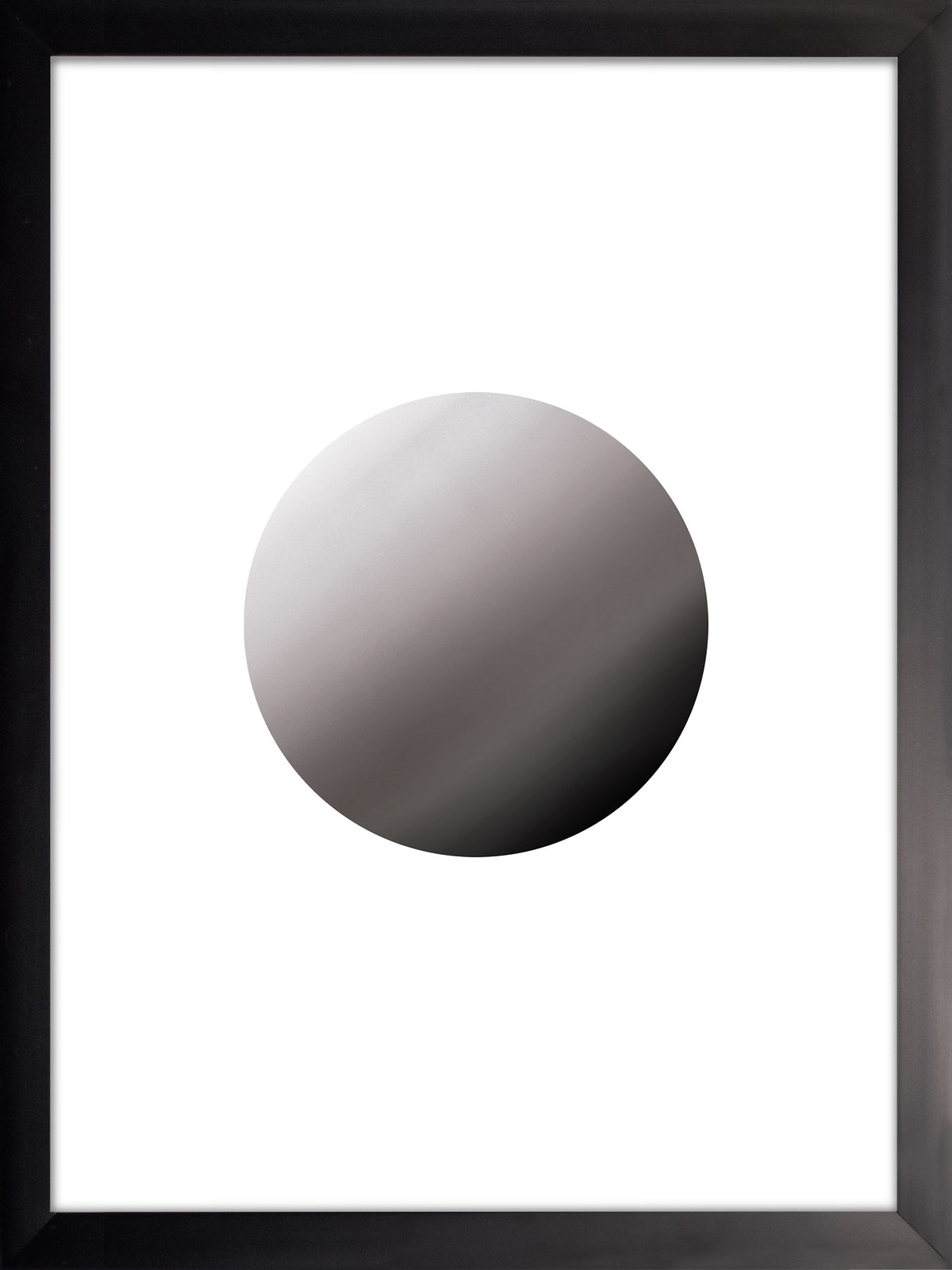 Planeta: esfera con degradado de gris claro a gris oscuro sobre fondo blanco, cuadro con marco negro (F-005)