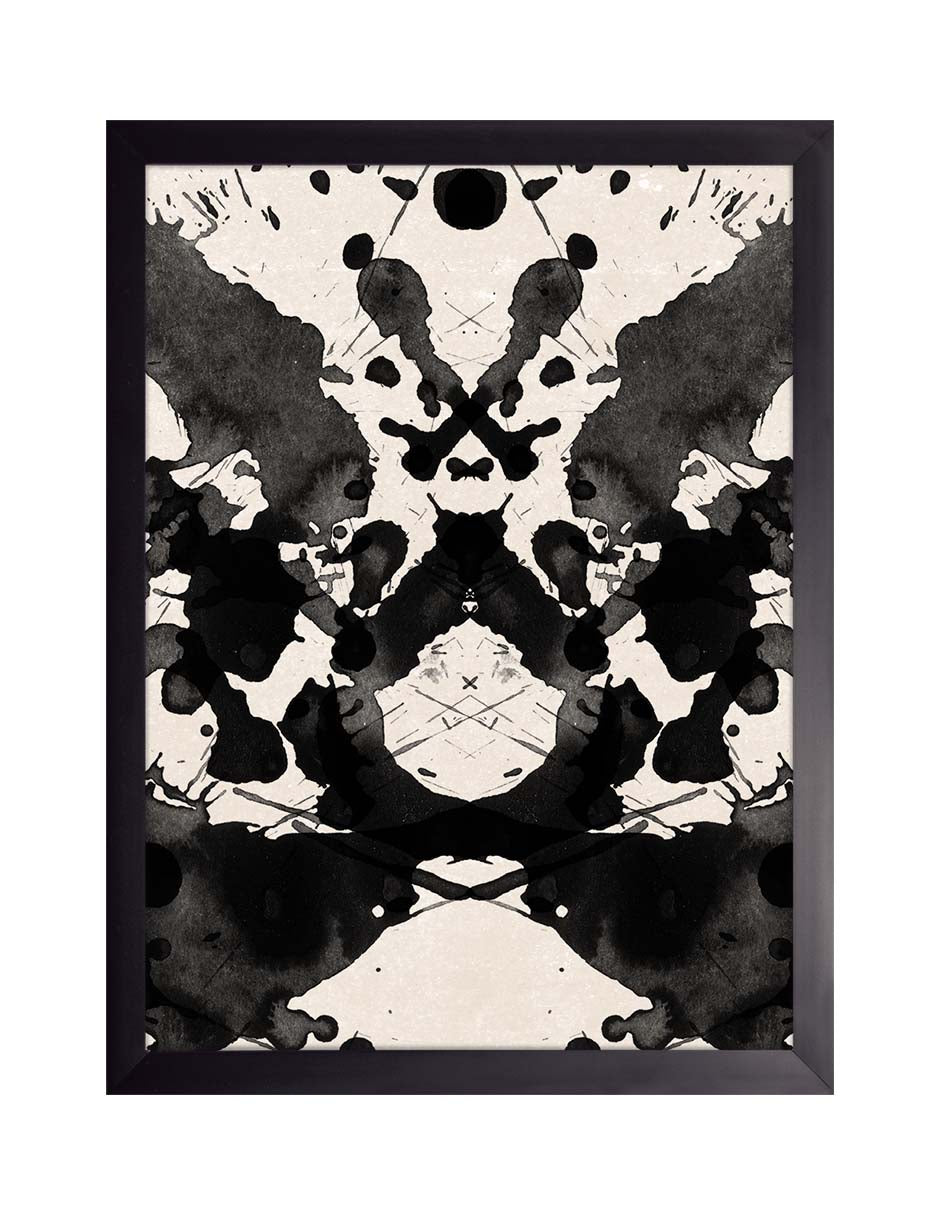 Reflejo: manchas negras simétricas, como en un espejo, sobre fondo crema, cuadro con marco negro (ELEG-014)