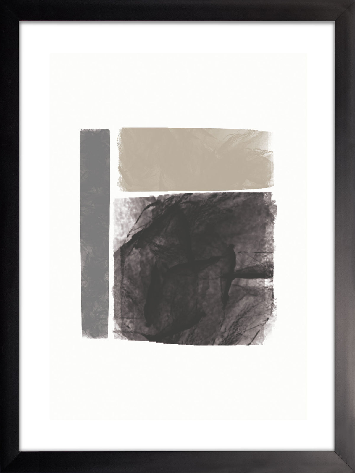 Retales: bloque beige, barra gris y bloque oscuro con textura al centro de un fondo blanco, cuadro con marco negro (SG-011)