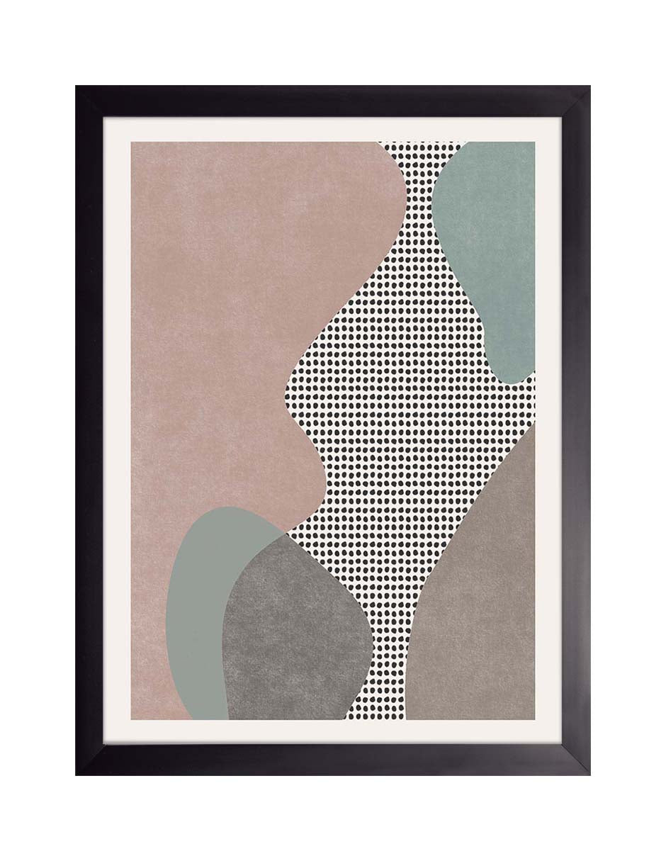 Río Punteado: manchas rosa palo, gris verdoso y taupe con puntos negros, cuadro con marco negro (A-007)