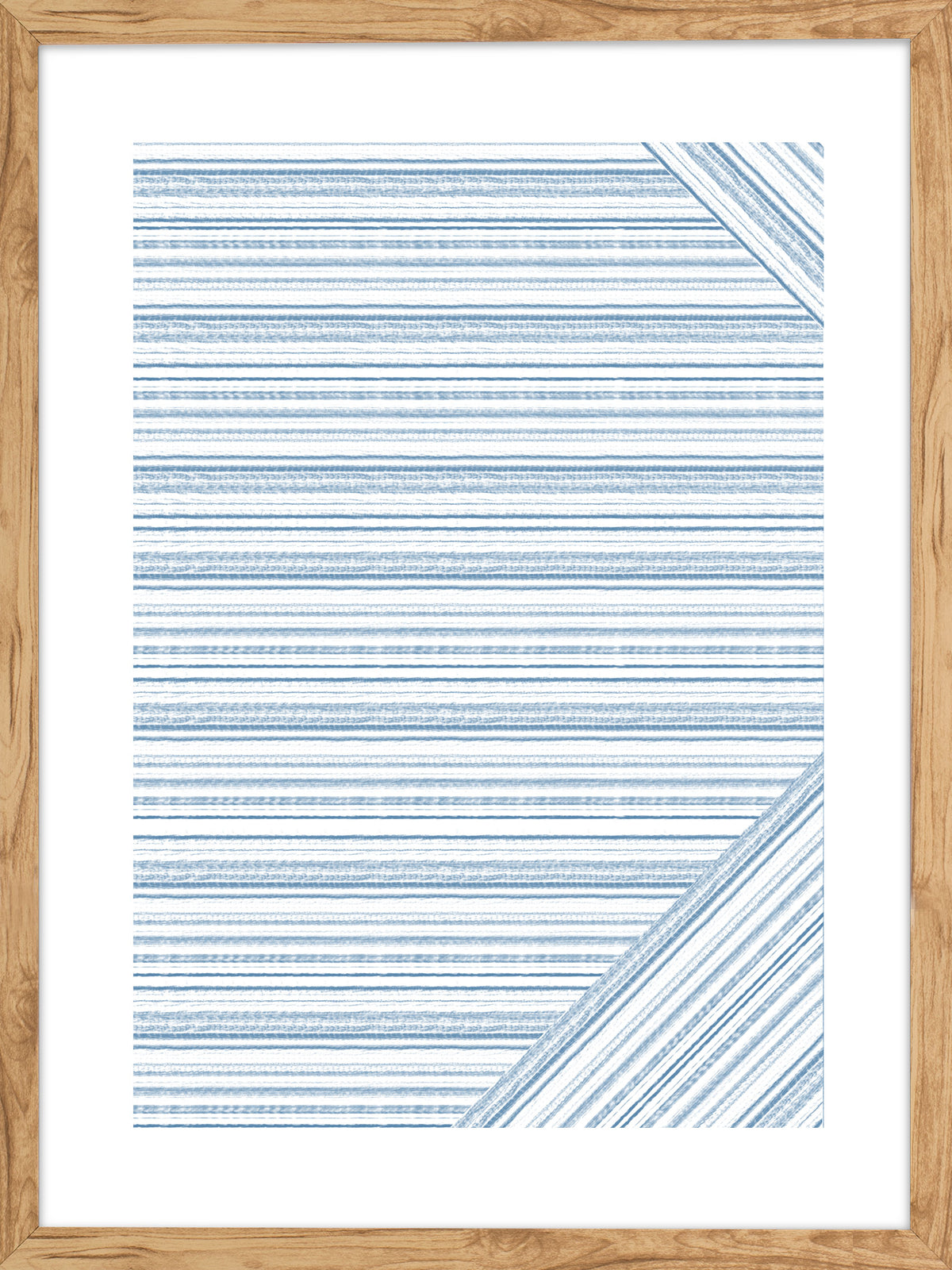 Surcos: líneas horizontales azul grisáceo con diagonales en las esquinas sobre fondo blanco, cuadro con marco madera (L-012)