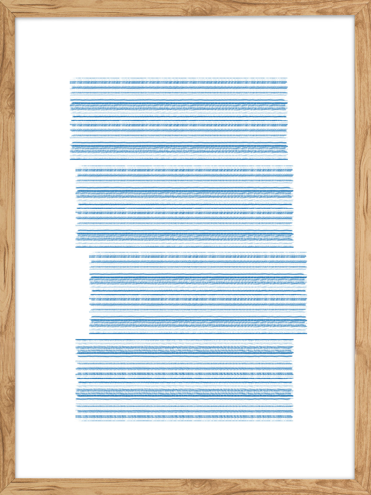 Tiras: cinco bandas de líneas horizontales azules escalonadas al centro sobre fondo blanco, cuadro con marco madera (L-011)