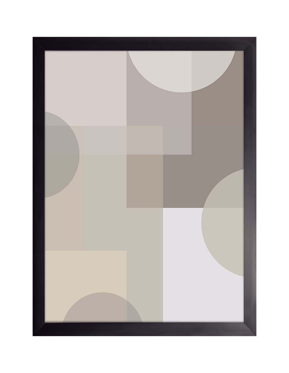 Transparencias: bloques y círculos translúcidos en gris, taupe y lila claro, cuadro con marco negro (A-024)